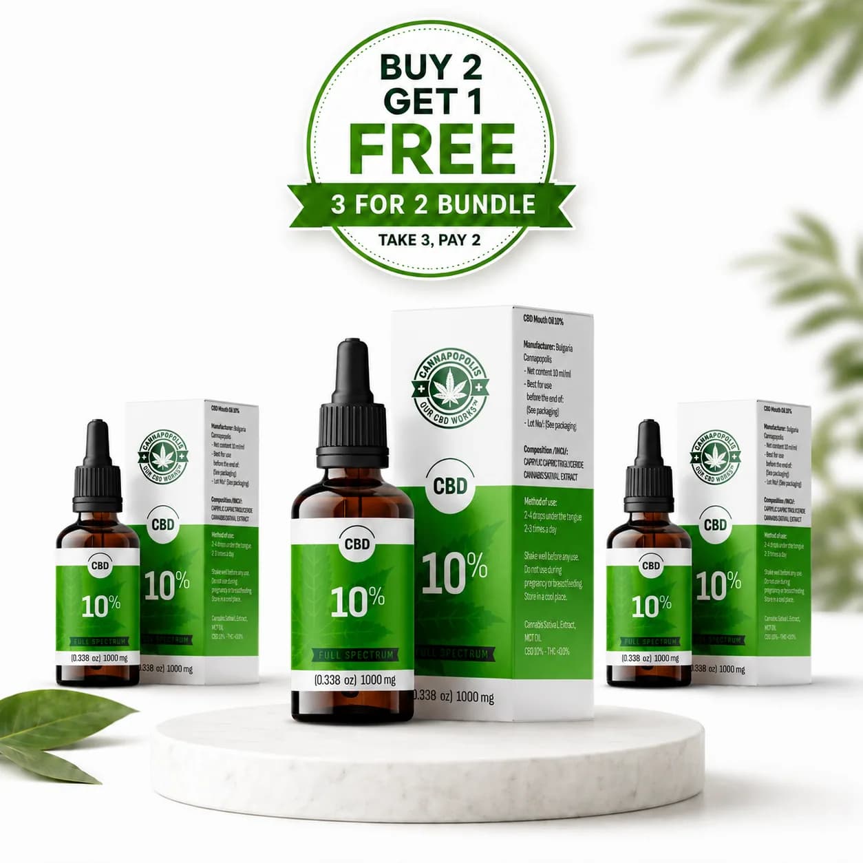 3 darab, 2 ára Cannapopolis CBD olaj 10% Cannapopolis csomag
