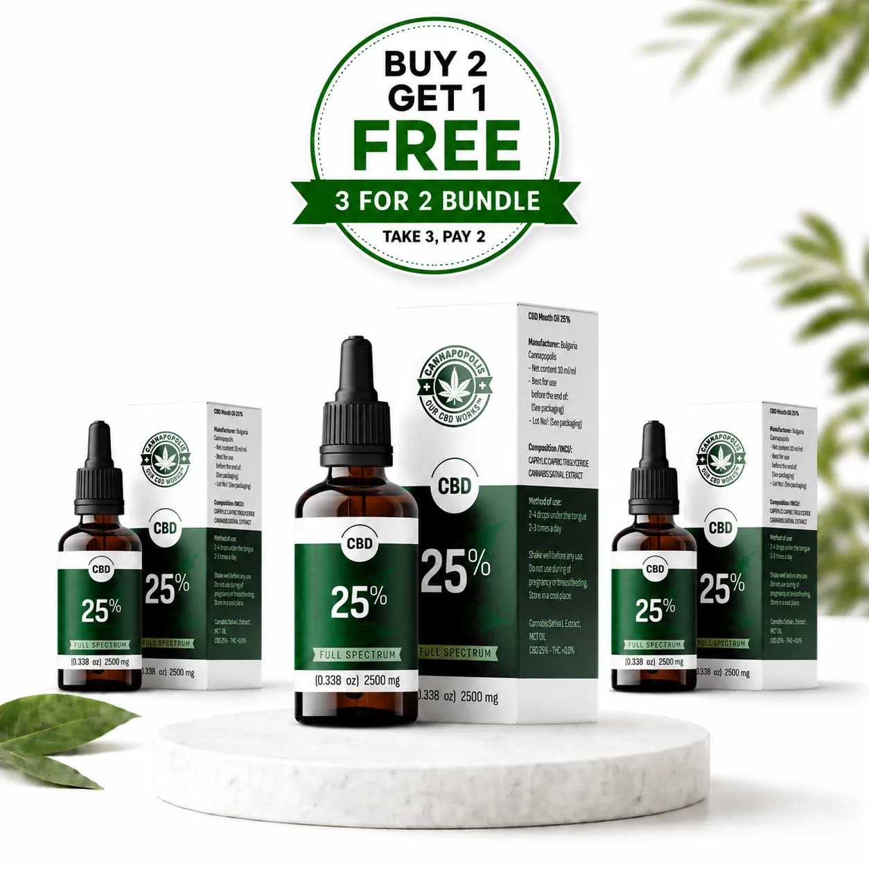 3 darab, 2 ára Cannapopolis CBD olaj 25% Cannapopolis csomag